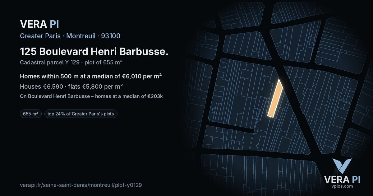 125 Boulevard Henri Barbusse, Montreuil at night – the plot lit, the parcels around coloured by the prices near them