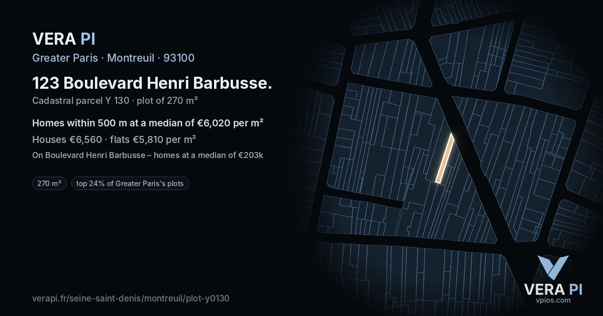 123 Boulevard Henri Barbusse, Montreuil at night – the plot lit, the parcels around coloured by the prices near them