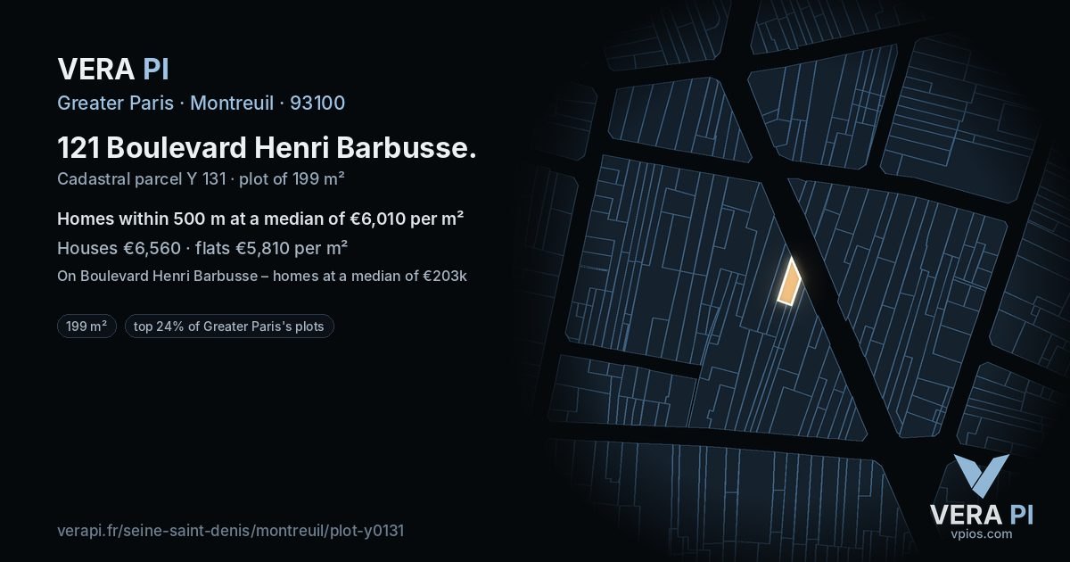 121 Boulevard Henri Barbusse, Montreuil at night – the plot lit, the parcels around coloured by the prices near them