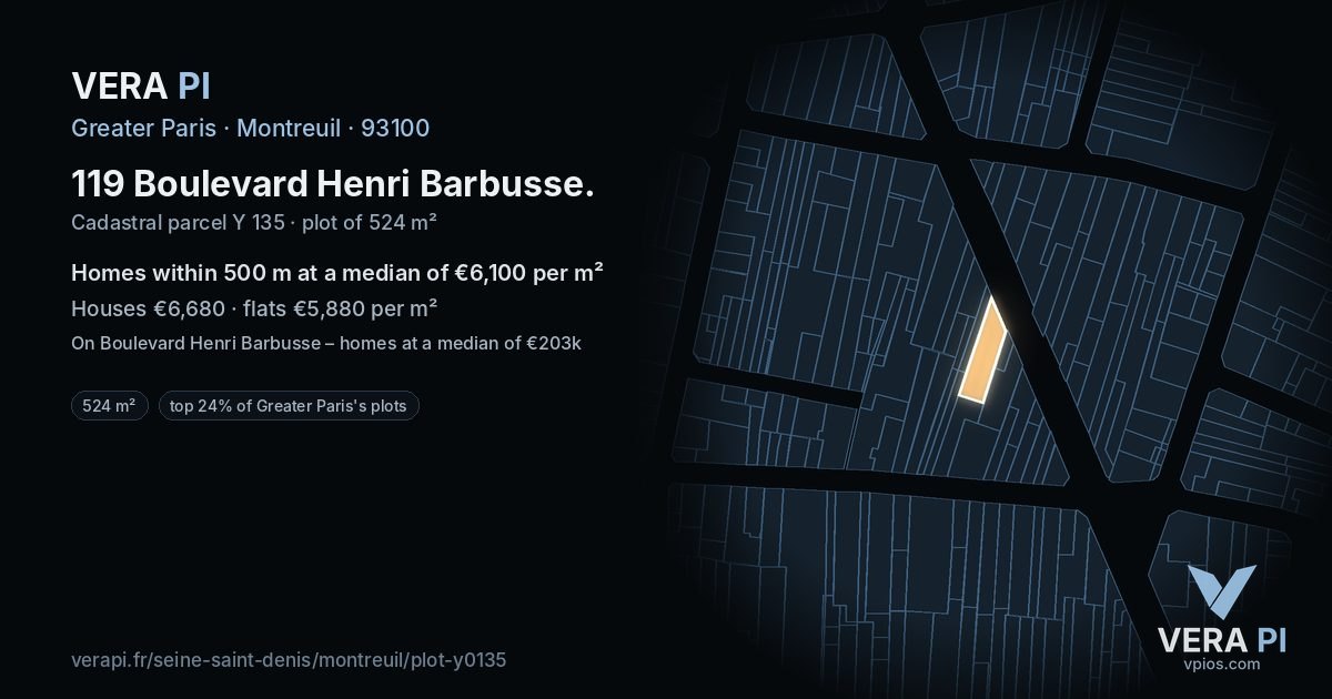 119 Boulevard Henri Barbusse, Montreuil at night – the plot lit, the parcels around coloured by the prices near them
