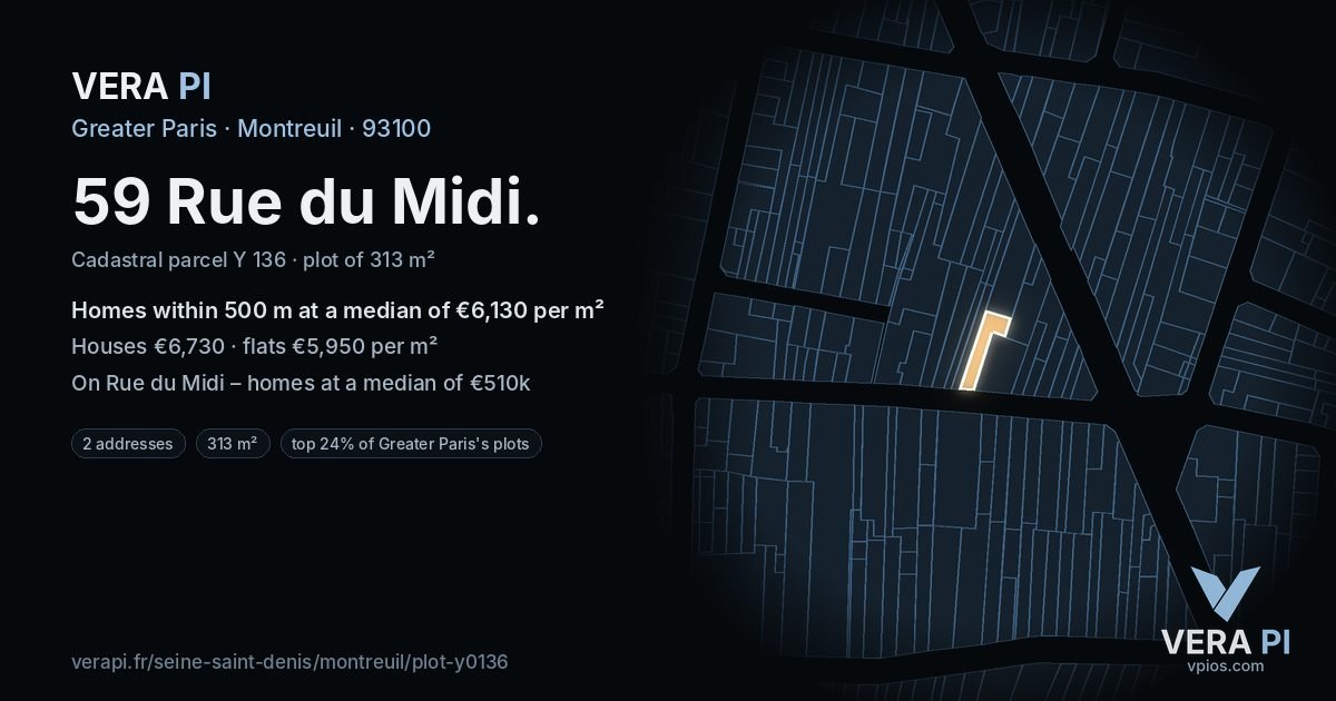59 Rue du Midi, Montreuil at night – the plot lit, the parcels around coloured by the prices near them