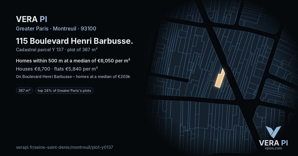 115 Boulevard Henri Barbusse, Montreuil at night – the plot lit, the parcels around coloured by the prices near them
