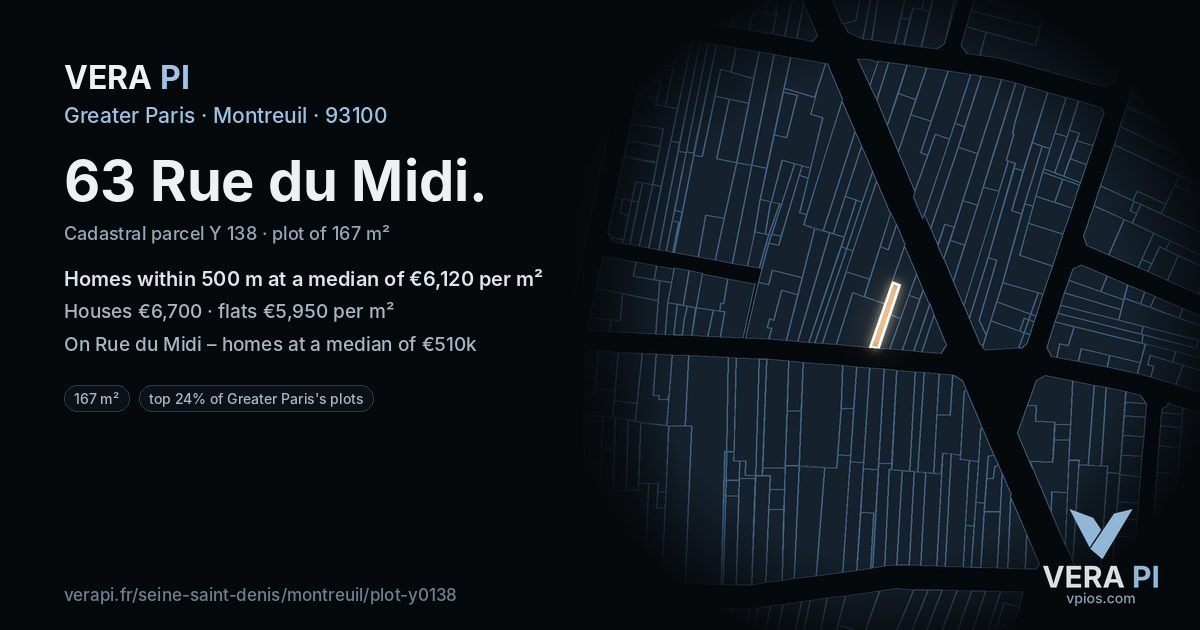 63 Rue du Midi, Montreuil at night – the plot lit, the parcels around coloured by the prices near them