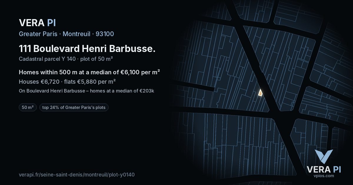 111 Boulevard Henri Barbusse, Montreuil at night – the plot lit, the parcels around coloured by the prices near them