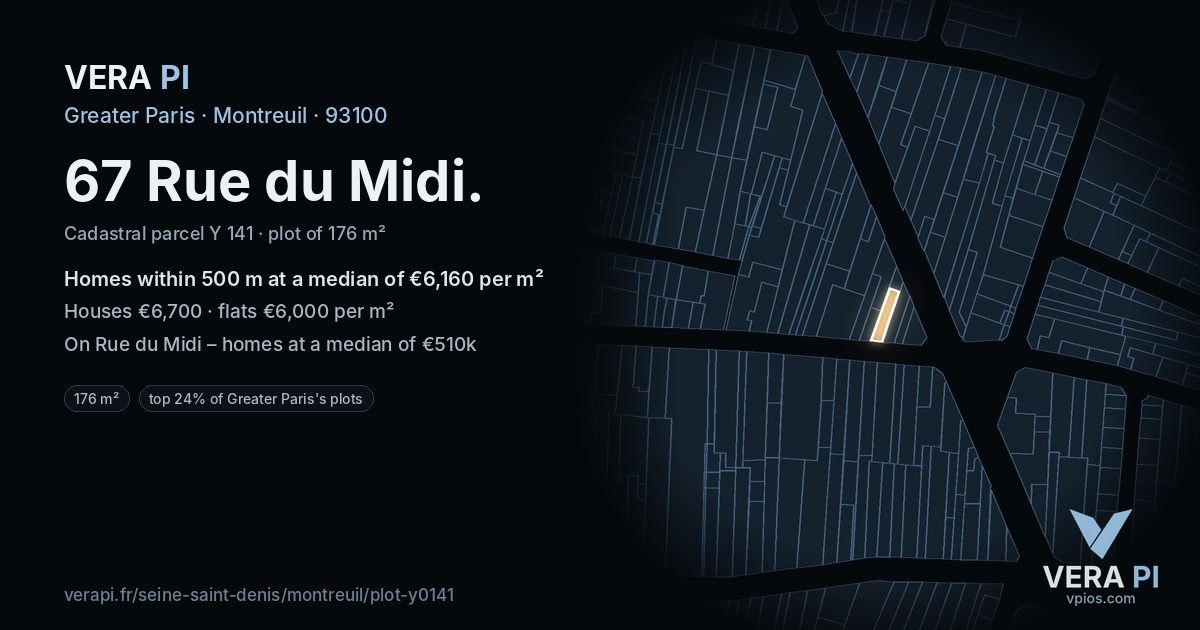 67 Rue du Midi, Montreuil at night – the plot lit, the parcels around coloured by the prices near them