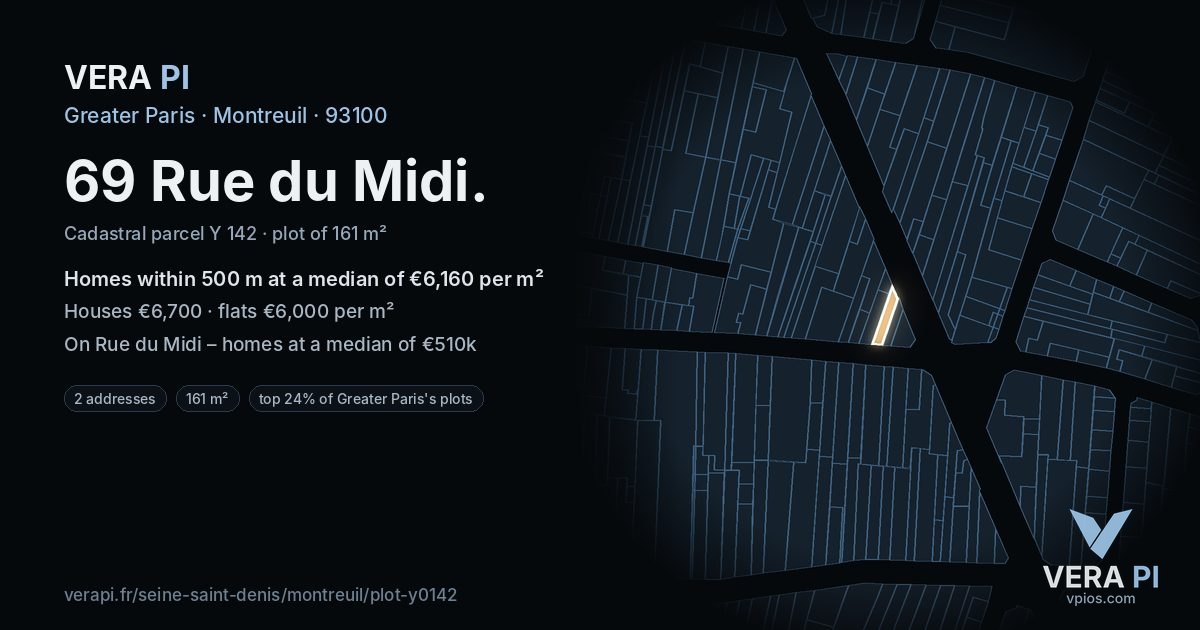 69 Rue du Midi, Montreuil at night – the plot lit, the parcels around coloured by the prices near them