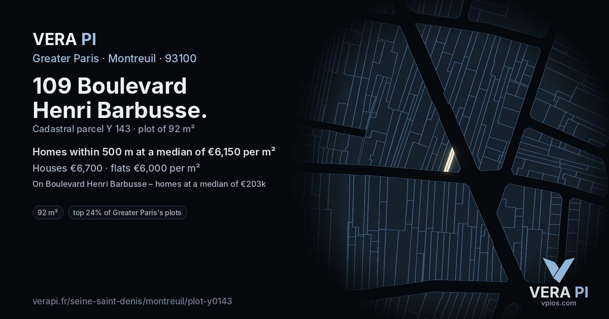 109 Boulevard Henri Barbusse, Montreuil at night – the plot lit, the parcels around coloured by the prices near them