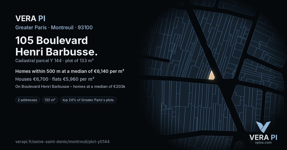 105 Boulevard Henri Barbusse, Montreuil at night – the plot lit, the parcels around coloured by the prices near them