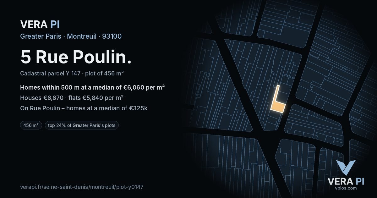 5 Rue Poulin, Montreuil at night – the plot lit, the parcels around coloured by the prices near them