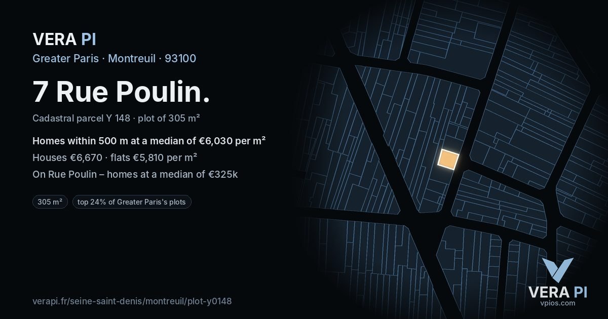 7 Rue Poulin, Montreuil at night – the plot lit, the parcels around coloured by the prices near them