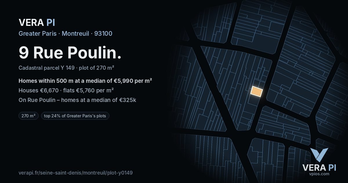 9 Rue Poulin, Montreuil at night – the plot lit, the parcels around coloured by the prices near them