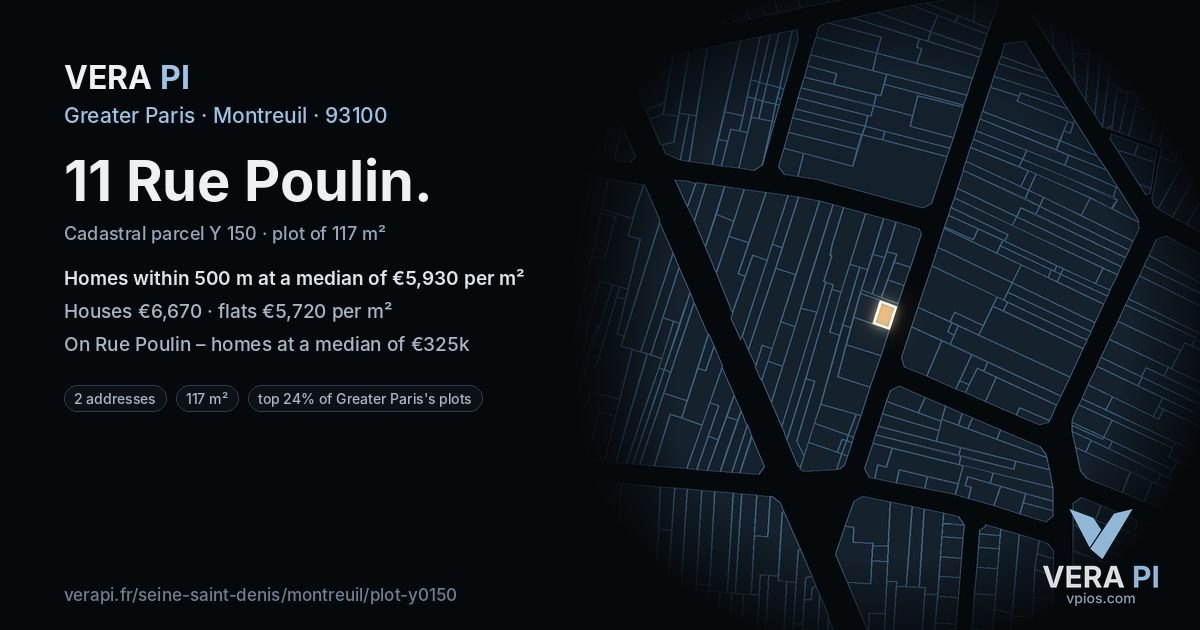11 Rue Poulin, Montreuil at night – the plot lit, the parcels around coloured by the prices near them