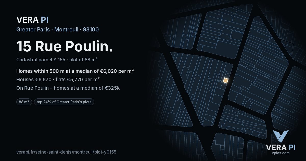 15 Rue Poulin, Montreuil at night – the plot lit, the parcels around coloured by the prices near them