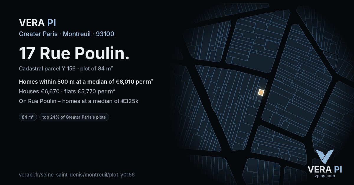 17 Rue Poulin, Montreuil at night – the plot lit, the parcels around coloured by the prices near them
