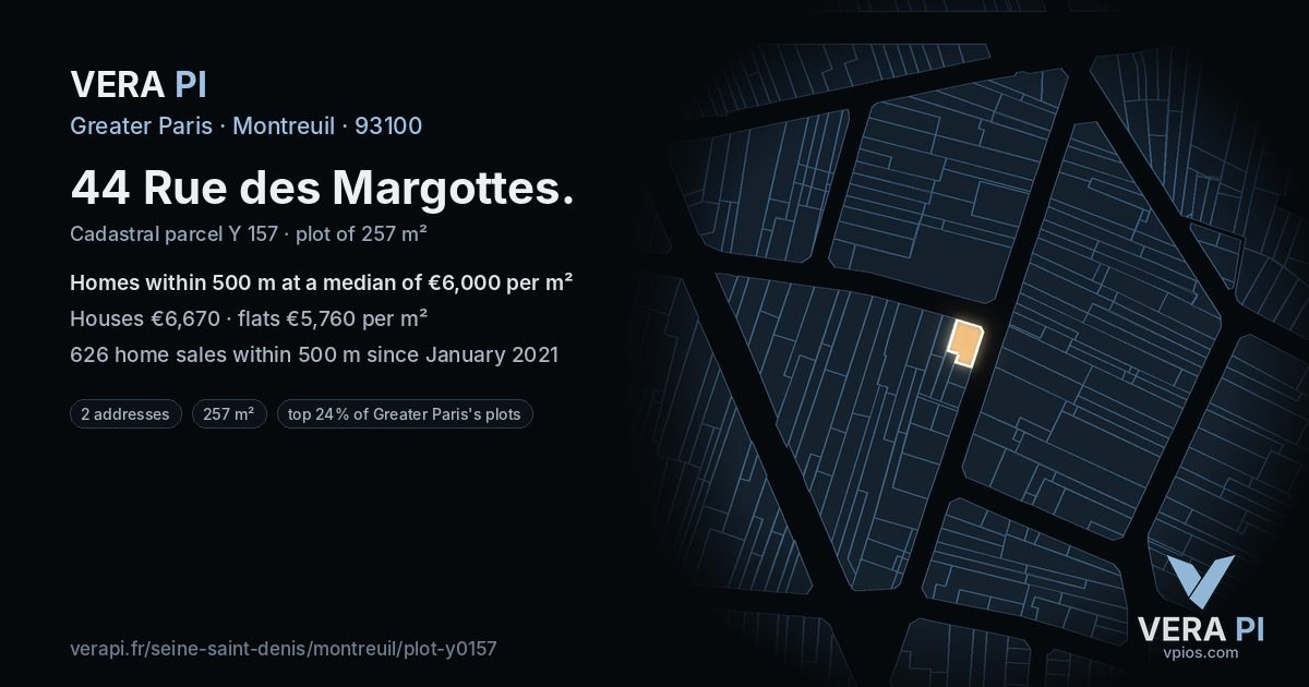44 Rue des Margottes, Montreuil at night – the plot lit, the parcels around coloured by the prices near them