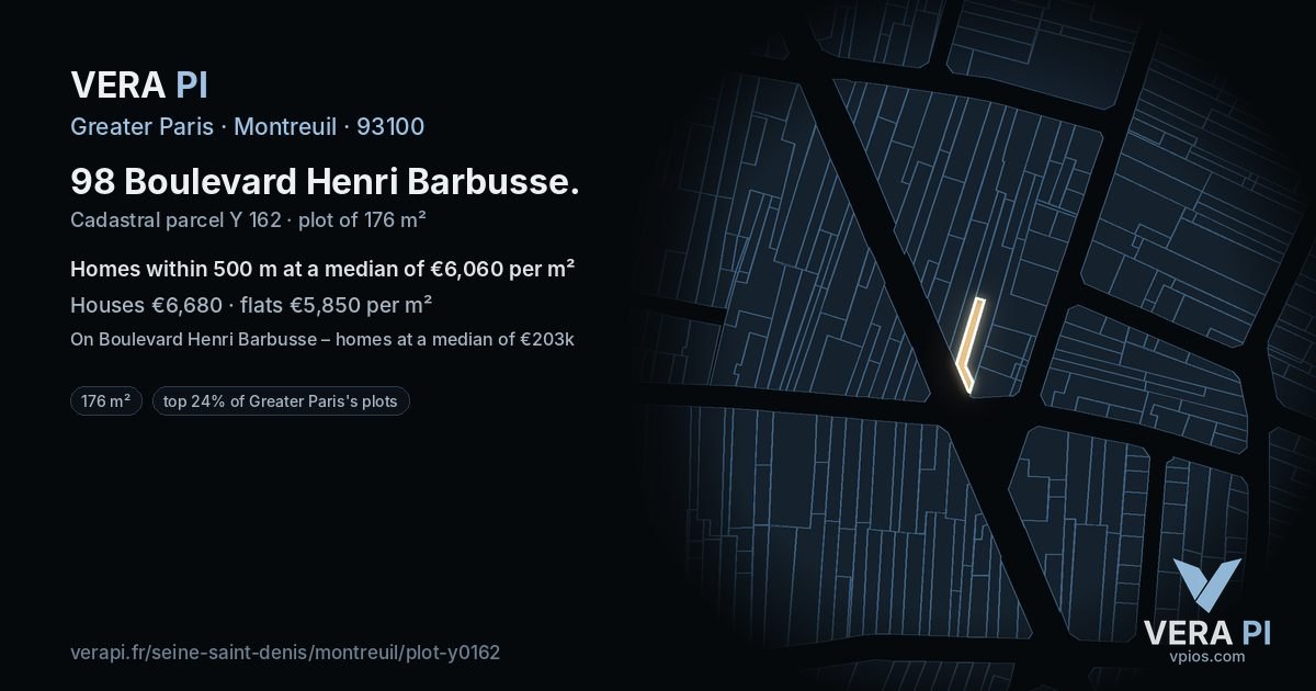98 Boulevard Henri Barbusse, Montreuil at night – the plot lit, the parcels around coloured by the prices near them