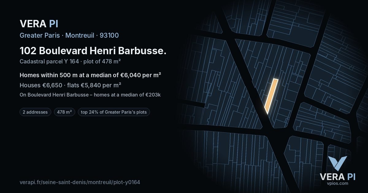 102 Boulevard Henri Barbusse, Montreuil at night – the plot lit, the parcels around coloured by the prices near them
