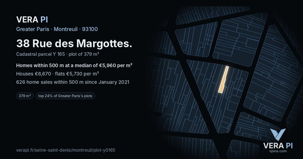 38 Rue des Margottes, Montreuil at night – the plot lit, the parcels around coloured by the prices near them