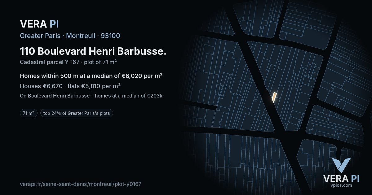 110 Boulevard Henri Barbusse, Montreuil at night – the plot lit, the parcels around coloured by the prices near them