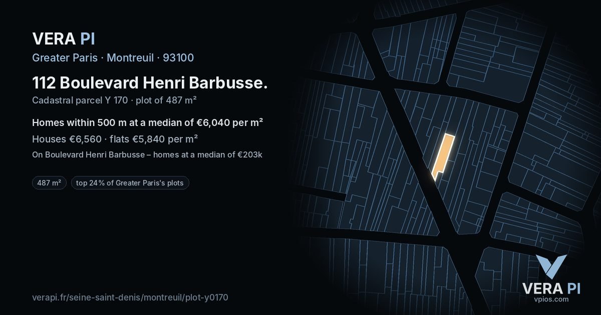 112 Boulevard Henri Barbusse, Montreuil at night – the plot lit, the parcels around coloured by the prices near them