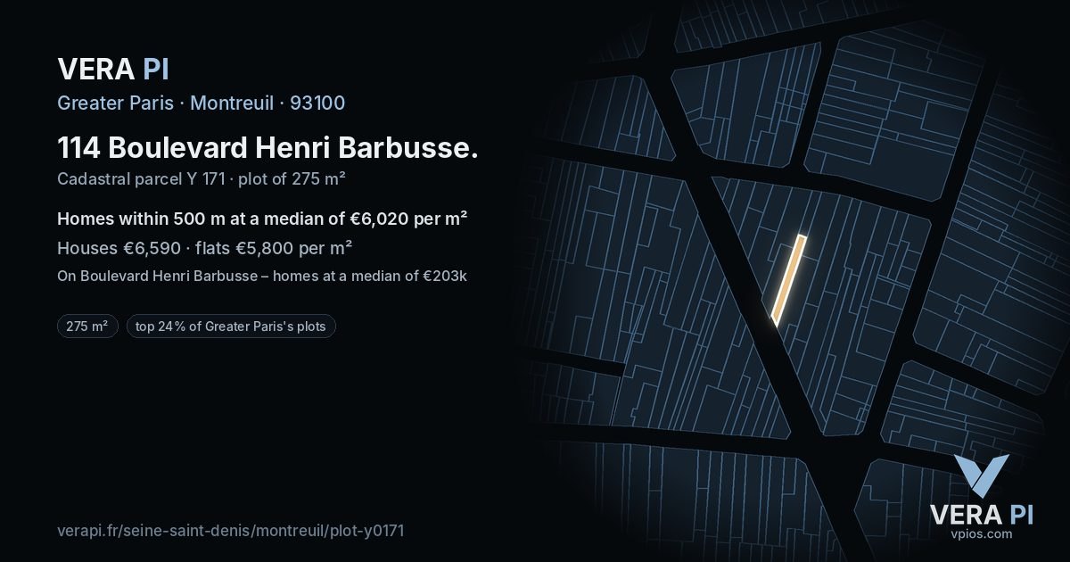 114 Boulevard Henri Barbusse, Montreuil at night – the plot lit, the parcels around coloured by the prices near them