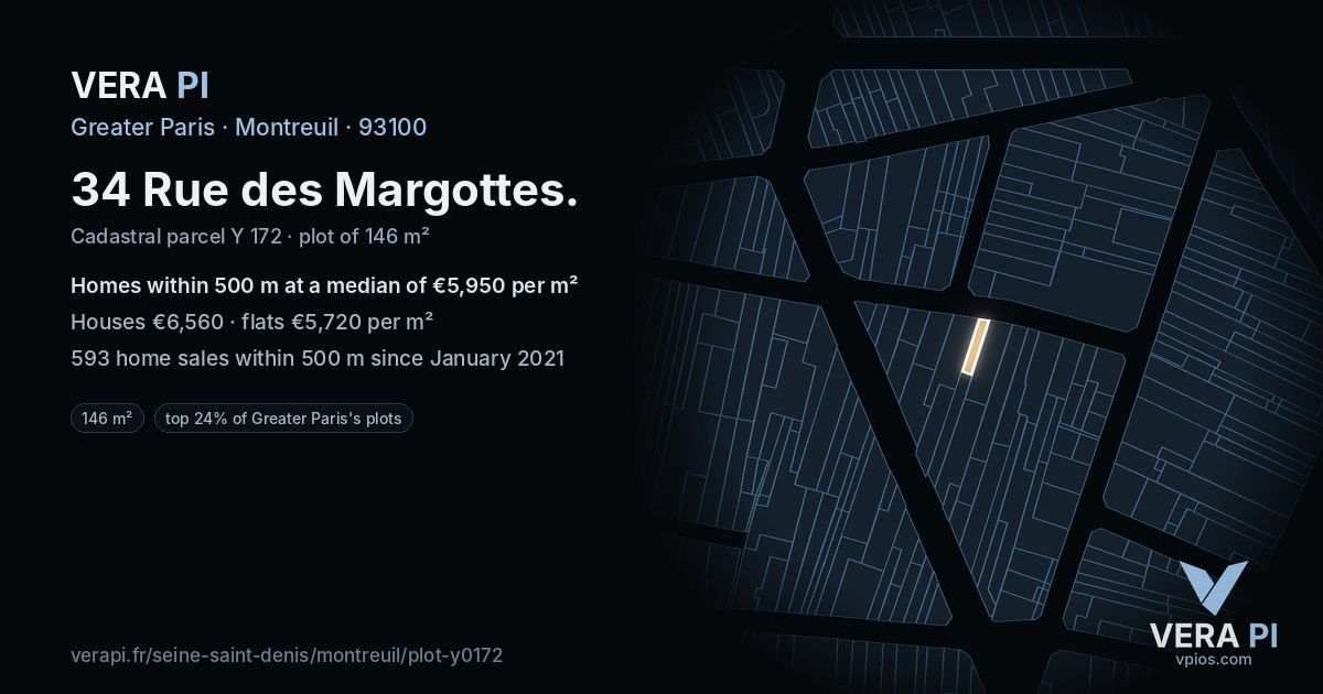 34 Rue des Margottes, Montreuil at night – the plot lit, the parcels around coloured by the prices near them