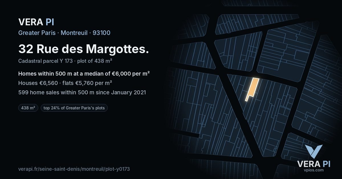 32 Rue des Margottes, Montreuil at night – the plot lit, the parcels around coloured by the prices near them