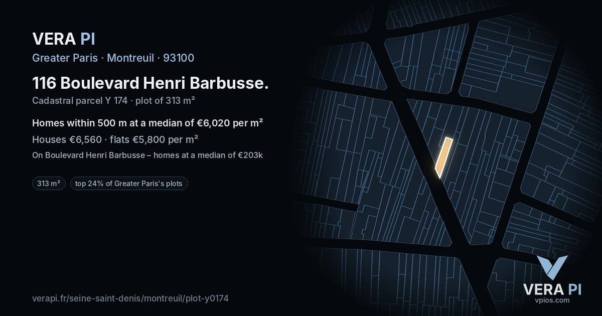 116 Boulevard Henri Barbusse, Montreuil at night – the plot lit, the parcels around coloured by the prices near them