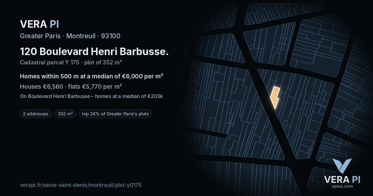 120 Boulevard Henri Barbusse, Montreuil at night – the plot lit, the parcels around coloured by the prices near them