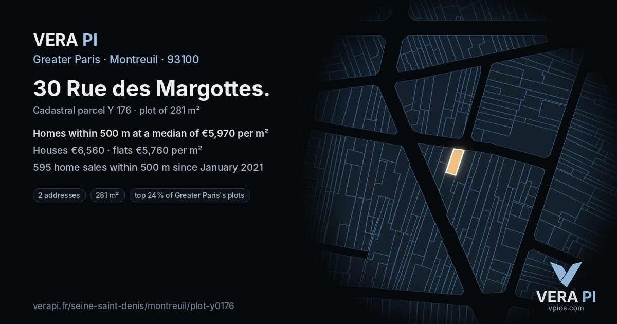 30 Rue des Margottes, Montreuil at night – the plot lit, the parcels around coloured by the prices near them