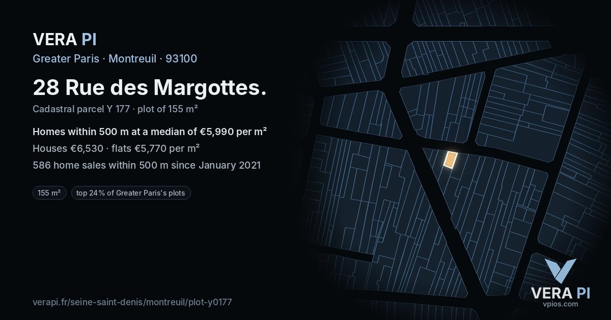28 Rue des Margottes, Montreuil at night – the plot lit, the parcels around coloured by the prices near them
