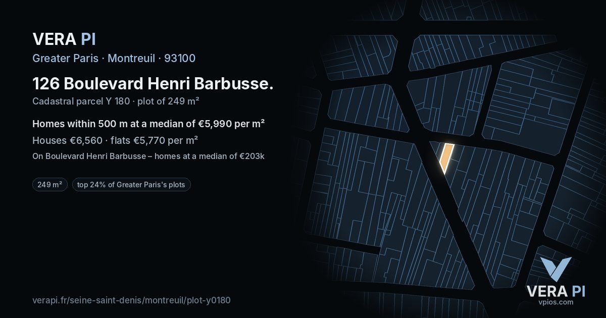 126 Boulevard Henri Barbusse, Montreuil at night – the plot lit, the parcels around coloured by the prices near them