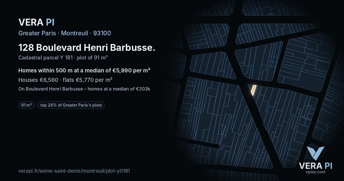 128 Boulevard Henri Barbusse, Montreuil at night – the plot lit, the parcels around coloured by the prices near them