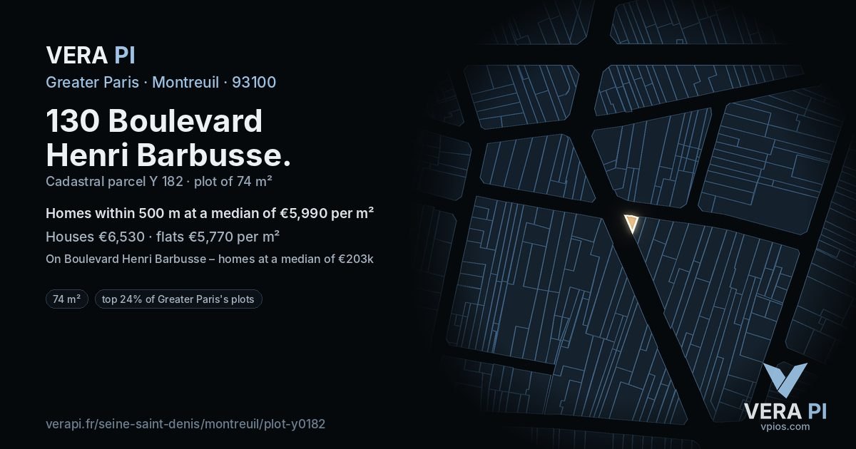 130 Boulevard Henri Barbusse, Montreuil at night – the plot lit, the parcels around coloured by the prices near them