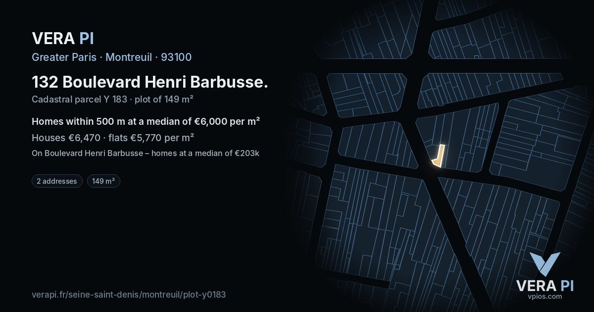 132 Boulevard Henri Barbusse, Montreuil at night – the plot lit, the parcels around coloured by the prices near them