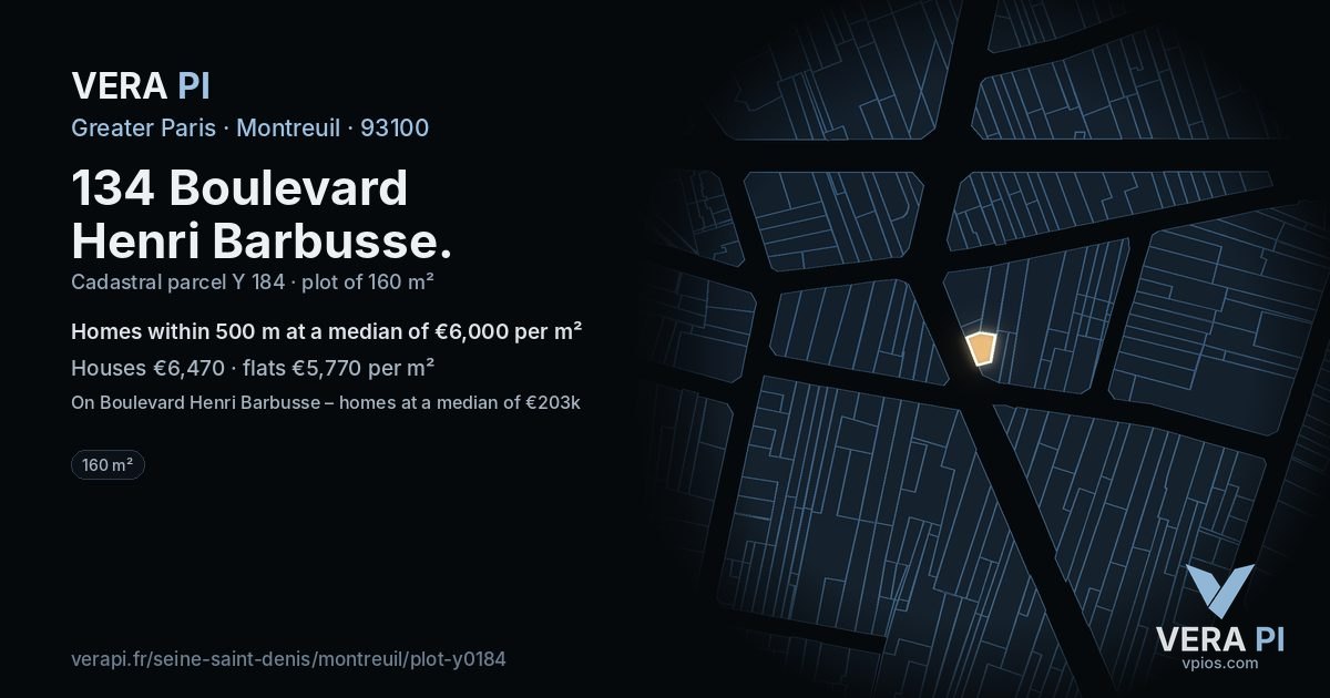 134 Boulevard Henri Barbusse, Montreuil at night – the plot lit, the parcels around coloured by the prices near them