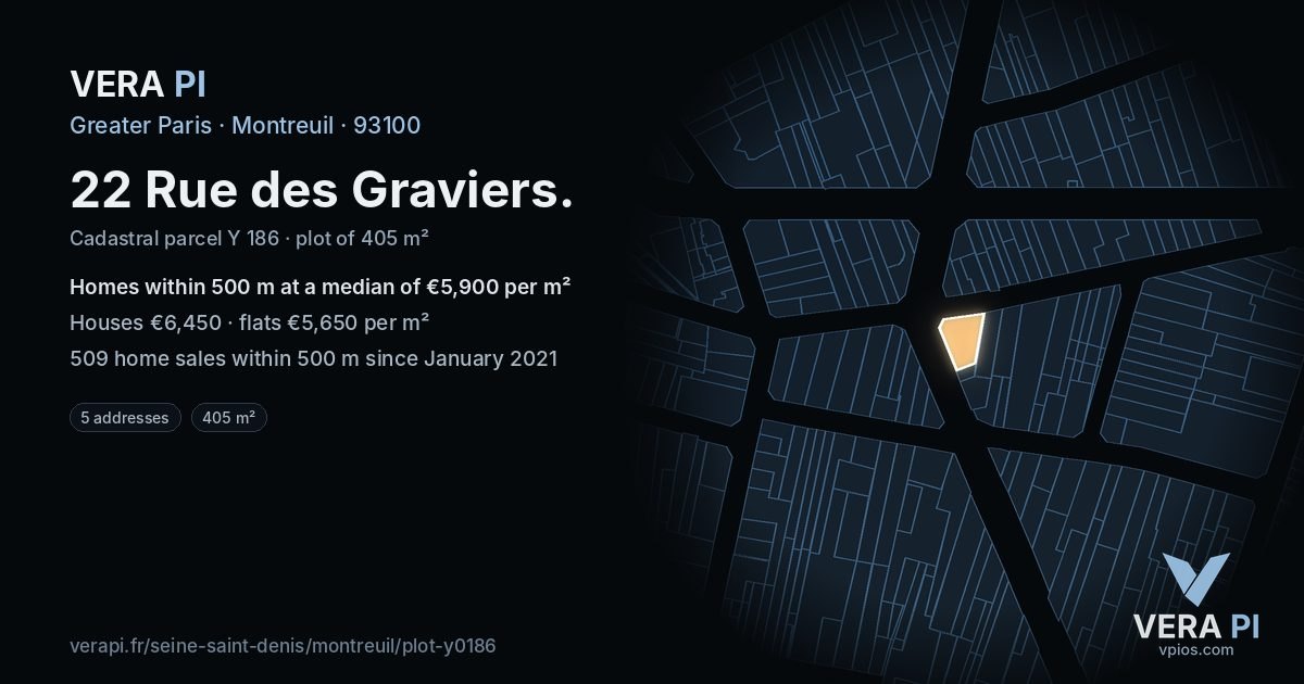 22 Rue des Graviers, Montreuil at night – the plot lit, the parcels around coloured by the prices near them