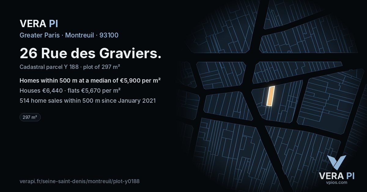 26 Rue des Graviers, Montreuil at night – the plot lit, the parcels around coloured by the prices near them
