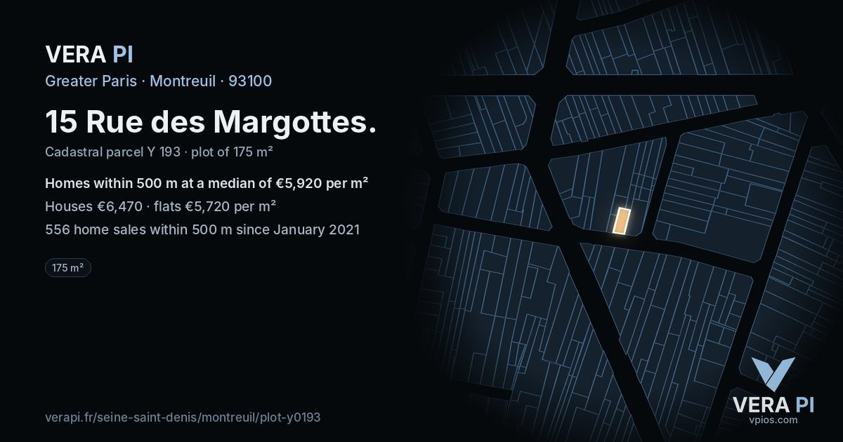 15 Rue des Margottes, Montreuil at night – the plot lit, the parcels around coloured by the prices near them