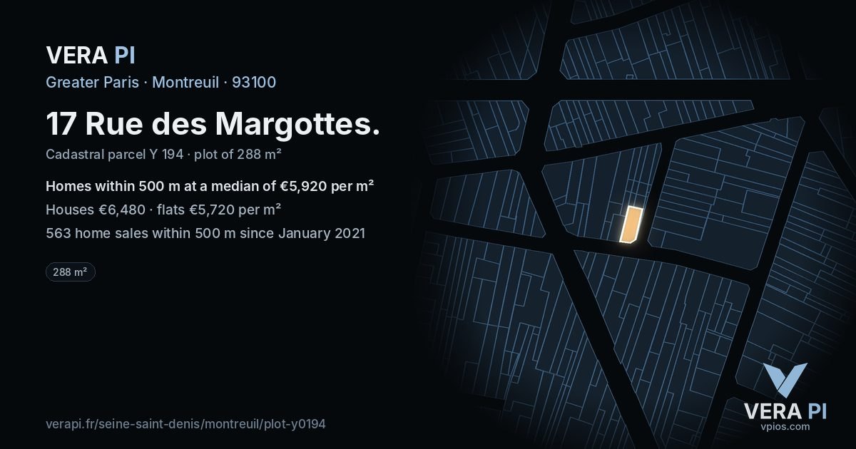 17 Rue des Margottes, Montreuil at night – the plot lit, the parcels around coloured by the prices near them