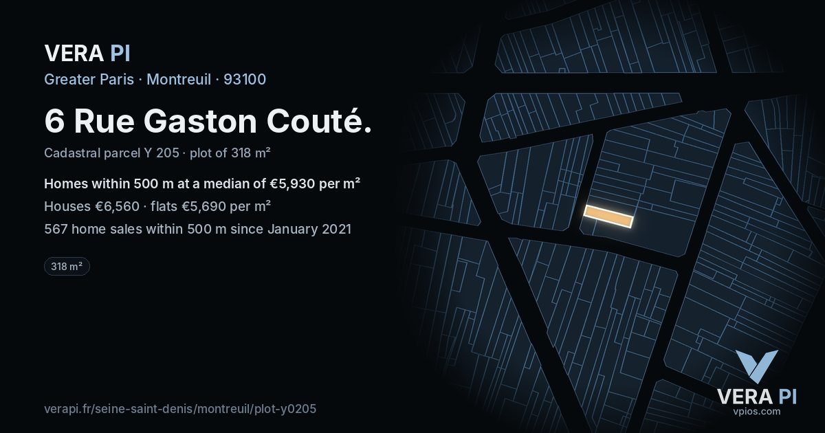 6 Rue Gaston Couté, Montreuil at night – the plot lit, the parcels around coloured by the prices near them