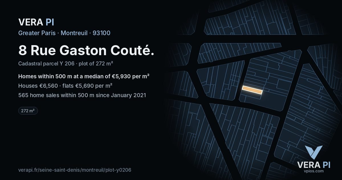 8 Rue Gaston Couté, Montreuil at night – the plot lit, the parcels around coloured by the prices near them