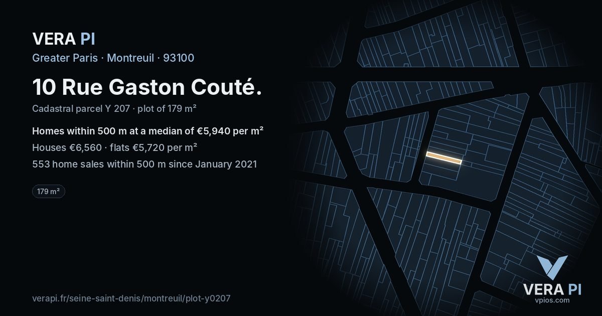 10 Rue Gaston Couté, Montreuil at night – the plot lit, the parcels around coloured by the prices near them