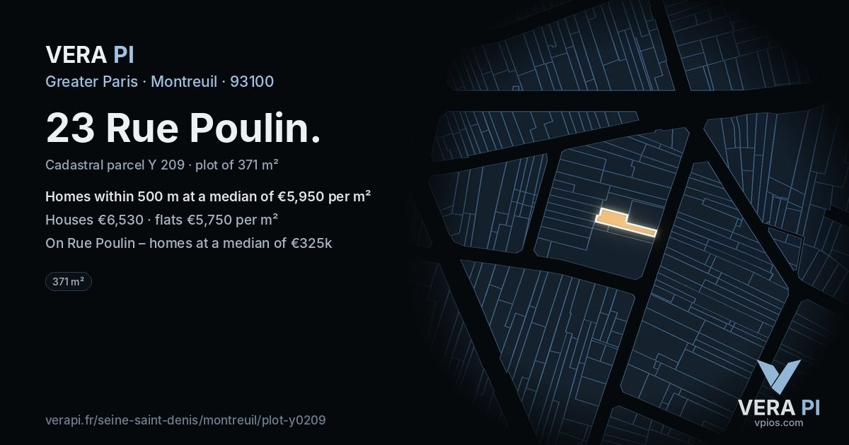 23 Rue Poulin, Montreuil at night – the plot lit, the parcels around coloured by the prices near them