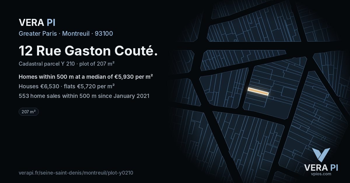 12 Rue Gaston Couté, Montreuil at night – the plot lit, the parcels around coloured by the prices near them