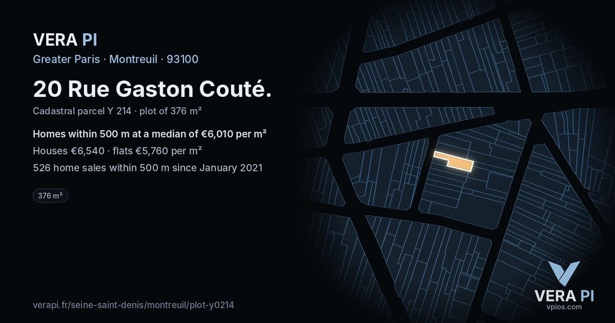 20 Rue Gaston Couté, Montreuil at night – the plot lit, the parcels around coloured by the prices near them