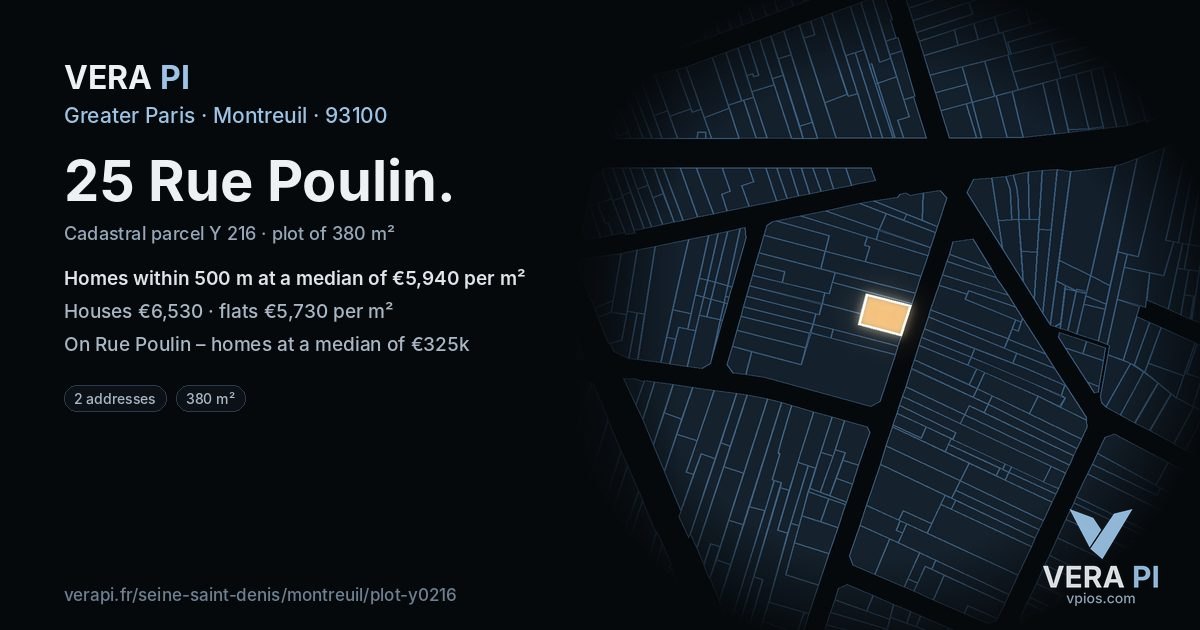 25 Rue Poulin, Montreuil at night – the plot lit, the parcels around coloured by the prices near them