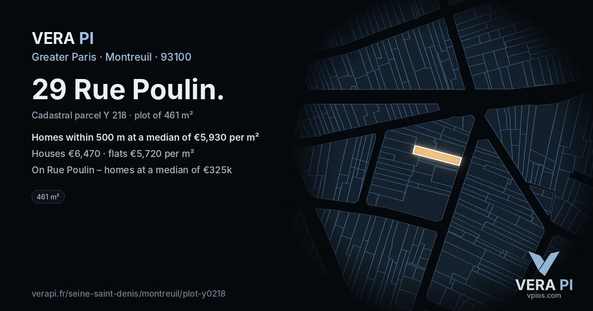 29 Rue Poulin, Montreuil at night – the plot lit, the parcels around coloured by the prices near them