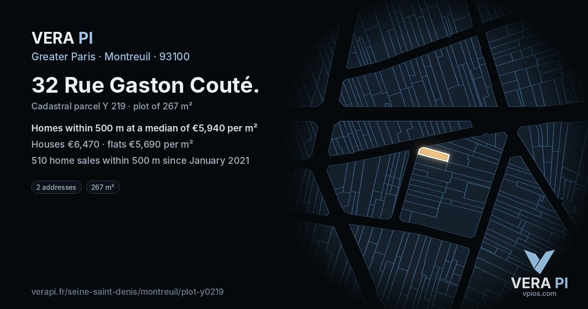 32 Rue Gaston Couté, Montreuil at night – the plot lit, the parcels around coloured by the prices near them