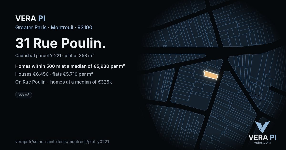 31 Rue Poulin, Montreuil at night – the plot lit, the parcels around coloured by the prices near them